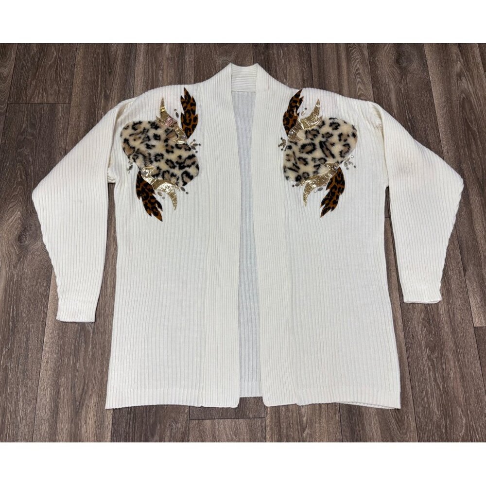 VINTAGE 80'S BEIGE GOLD LONG CARDIGAN SWEATER SHOULDER PADS ONE SIZE LEOPARD FUR
